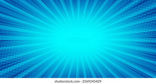 Blue comic radial background with dots and rays. Abstract gradient with dotted halftone effects and dynamic light beams. Perfect for banners, posters, dynamic design projects