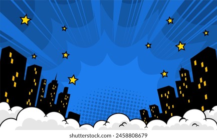 Blue comic scene background with city silhouette