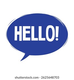 Blue comic speech bubble with the word hello in bold white capital letters on clean white background