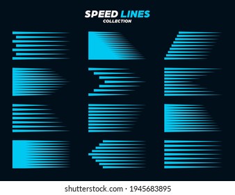 Blue Comic Speed Lines Collection. Straight And Wavy Motion Elements For Your Design. Vector Illustration.