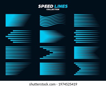 Blue comic speed lines collection. Straight and wavy motion elements for your design. Vector illustration.