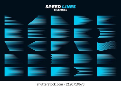 Colección de líneas de velocidad de cómic azul. Elementos de movimiento recto y ondulado para su diseño. Ilustración vectorial.