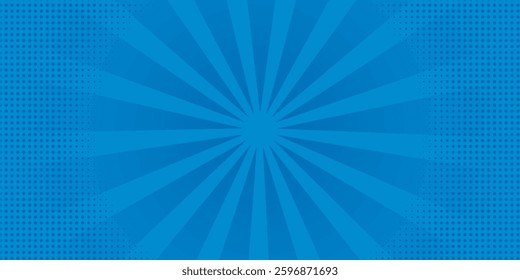 Blue comic sunburst effect background with halftone. Pop art comic-style vector background. Suitable for templates, sale banners, events, ads, web and pages