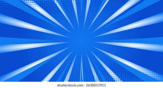 Fondo de efecto sunburst cómico azul con semitono. Fondo de Vector de estilo cómico de arte Pop.