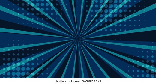 Blue comic sunburst effect background with halftone. Pop art comic-style vector background. vector