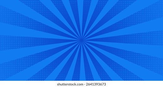 Blue comic sunburst effect background with halftone. Pop art comic-style vector background. Suitable for templates, sale banners, events, ads, web and pages