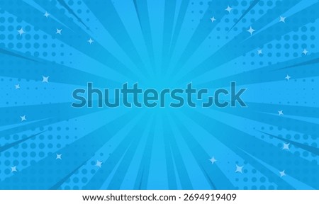 Blue comic sunburst halftone background with dynamic rays and pop art style ideal for sale banners posters web templates and creative design layouts.Vibrant texture modern ads event presentation brand