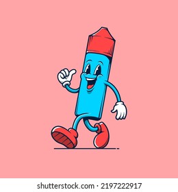 Blue comical vape store mascot walking. Retro vintage cartoon logo illustration.