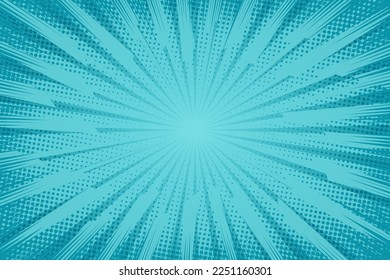 Blue comics background. Abstract lines backdrop. Bright sunrays. Design frames for title book. Texture explosive polka. Beam action. Pattern motion flash. Rectangle fast boom. Vector illustration