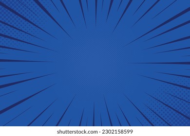 Blue comics rays background with halftones. Vector backdrop illustration.