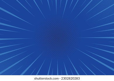Blue comics rays background with halftones. Vector backdrop illustration.