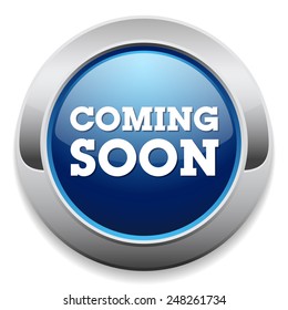 Blue coming soon button with metallic border on white background