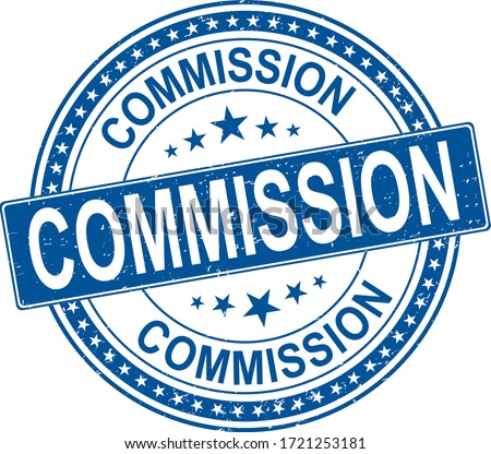 blue COMMISSION seal stamp with corroded texture. Rubber seal imitation has circle medallion form and contains ribbon. vector rubber print of COMMISSION label with unclean texture.