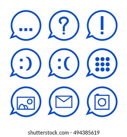 Blue communication icons vector illustration. Web messenger conversation icon set. Vector icons for social media chat. Message icon with question mark, explanation mark, smile, email, picture, photo