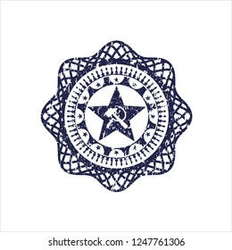 Blue communism icon inside distressed grunge style stamp