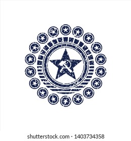 Blue communism icon inside distressed rubber stamp