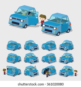 Blue compact car. 3D lowpoly isometric vector illustration. The set of objects isolated against the white background and shown from different sides