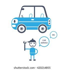 Blue compact car cartoon icon and an auto mechanic character holding a wrench. Garage service illustration.