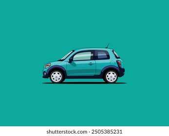 Blue compact car illustrated on a teal background, side view, modern and simplistic design.