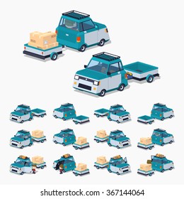 Blue compact car with the trailer. 3D lowpoly isometric vector illustration. The set of objects isolated against the white background and shown from different sides