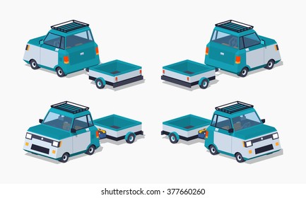 Blue compact car with the trailer. 3D lowpoly isometric vector illustration. The set of objects isolated against the white background and shown from different sides