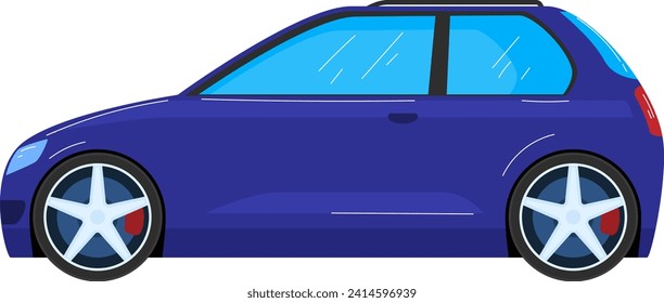 Blue compact hatchback car side view. Modern vehicle design and urban transportation vector illustration.