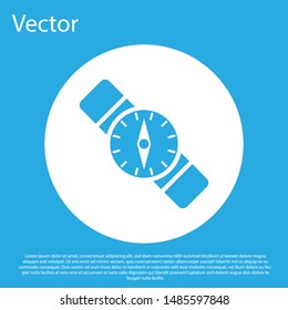 Blue Compass icon isolated on blue background. Windrose navigation symbol. Wind rose sign. White circle button. Vector Illustration