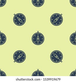 Blue Compass icon isolated seamless pattern on yellow background. Windrose navigation symbol. Wind rose sign.  Vector Illustration