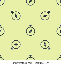 Blue Compass icon isolated seamless pattern on yellow background. Windrose navigation symbol. Wind rose sign.  Vector Illustration