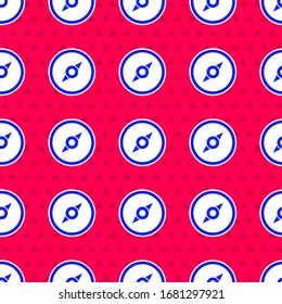 Blue Compass icon isolated seamless pattern on red background. Windrose navigation symbol. Wind rose sign.  Vector Illustration