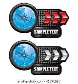 blue compass on red and white arrow nameplates