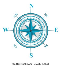 Blue compass rose isolated on white. Compass eps. Illustration of a compass indicating cardinal points. Additional vector format in EPS