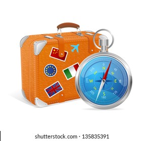 Blue Compass and suitcase. Vector Illustration.