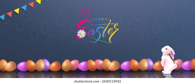 Blue composition with bunny, Easter eggs on a blue background.