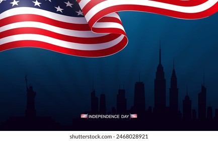 Blue composition with silhouette of waving USA flag, Independence Day.