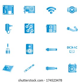 Blue computer and accessories icon isolated on white background