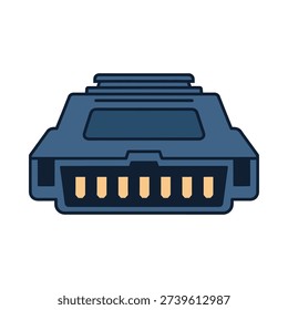 A blue computer connector with gold pins