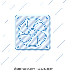 Blue Computer cooler line icon isolated on white background. PC hardware fan. Vector Illustration