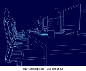 A blue computer desk with a chair and a computer monitor. The desk is empty except for a keyboard and mouse
