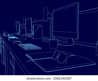 A blue computer desk with a keyboard, mouse, and monitor. The desk is cluttered with various items, including a book, a cup, and a pair of sunglasses. Scene is that of a busy workspace