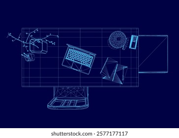 Blue computer desk with a laptop, keyboard, mouse, and a cell phone. The desk is designed to look like a blueprint