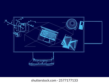 Blue computer desk with a laptop, keyboard, mouse, and a cell phone. The desk is cluttered with papers and a vase