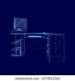 Blue computer desk with a monitor and keyboard on top. The desk is designed to be a workstation for a computer user