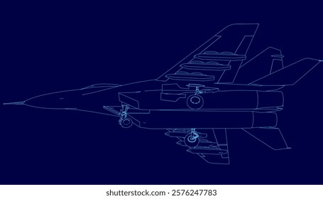 Blue computer generated image of a fighter jet. The jet is shown in a stylized way, with its wings and tail visible. The image has a futuristic and sleek appearance