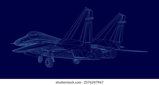 Blue computer generated image of a fighter jet. The jet is in the middle of the image and is surrounded by a lot of lines. The image has a futuristic and sleek look to it