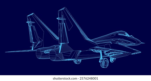 Blue computer generated image of a fighter jet. The jet is in the air and has a blue color scheme