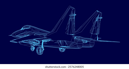 Blue computer generated image of a fighter jet. The jet is in the air and has a blue color