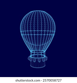 Blue computer generated image of a hot air balloon. The balloon is surrounded by a wire mesh and has a small opening at the bottom. The image has a futuristic and abstract feel to it