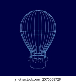 Blue computer generated image of a hot air balloon. The balloon is in the center of the image and is surrounded by a blue frame. The balloon is depicted as a 3D object