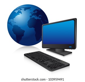 blue computer with keyboard and planet with shadow. vector